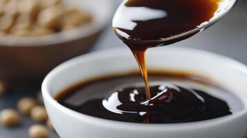 Spoon pouring teriyaki sauce into a white bowl photo