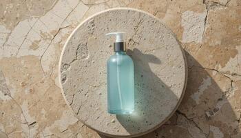Clear Liquid Soap Dispenser Resting on a Round Stone Surface in Natural Light photo