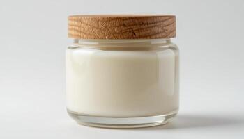 Elegant Glass Jar With Wooden Lid Containing a Creamy White Substance Displayed on a Neutral Background photo