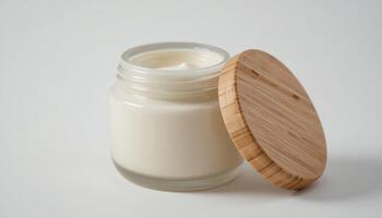 Decorative Jar With Lid Containing Creamy Cosmetic Product on a Plain Background photo