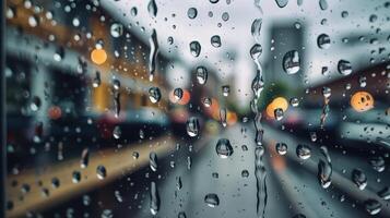 Textured Glass Pane With Raindrops Reflecting City Lights During a Rainy Day photo