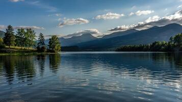 Calm Lake Reflecting Serene Mountains Under a Clear Afternoon Sky photo