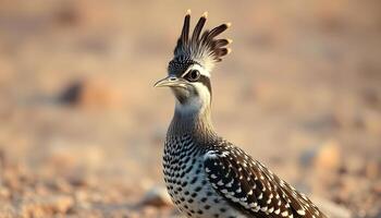 A bird with a long mohawk standing on a dirt field photo