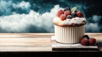 A delightful cupcake topped with fresh berries perfectly arranged on a white plate for an irresistible dessert experience photo