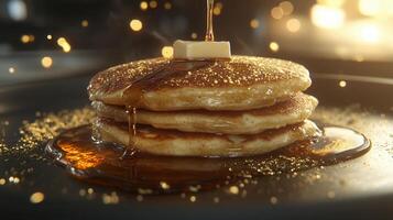 Delightful stack of golden pancakes with a generous pour of syrup showcasing a perfect breakfast for any morning photo