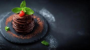 Exquisite chocolate dessert topped with a fresh strawberry for a perfectly balanced and delicious sweet indulgence photo