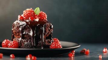 Indulgent chocolate cake topped generously with raspberries for an exquisite dessert experience and visual delight photo