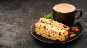 A cozy morning scene featuring a warm cup of coffee accompanied by a freshly baked piece of bread on a table photo