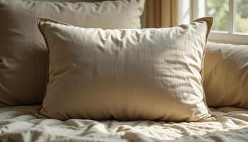 Soft Beige Pillow Placed on a Cozy Bed With Natural Light Streaming Through a Nearby Window photo