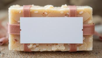 Handmade Soap Wrapped With Natural Twine Showcasing Organic Ingredients and a Blank Label for Personalization photo