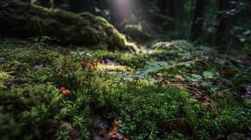 Lush Mossy Forest Floor Under Soft Sunlight Creating a Tranquil Atmosphere photo