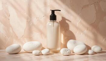 Elegant Skincare Product Display With Smooth White Stones Against a Soft Marble Backdrop photo