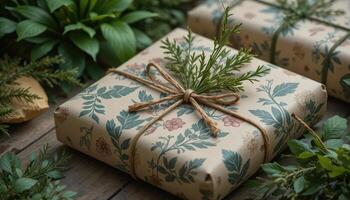Beautifully Wrapped Gifts With Floral Paper and Greenery Arranged on a Wooden Surface photo