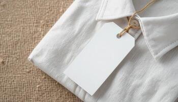 White Shirt Folded Neatly With a Blank Tag on Display Near a Textured Surface photo