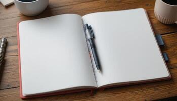 Notepad and Pen on Wooden Table With Coffee Cup for Brainstorming Ideas and Creativity photo