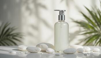 Soothing Skincare Product Displayed Among Smooth Stones and Soft Shadows in a Tranquil Setting photo