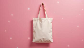Soft Pink Tote Bag Hanging on a Wall With a Pastel Background of Soft Light Speckles photo