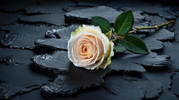 Single White Rose Surrounded by Dark Textured Surface With Droplets Captured in High Detail photo