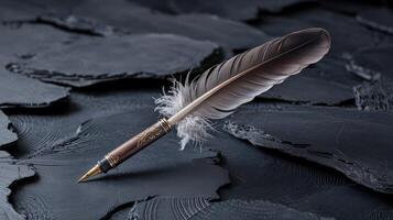 Antique Gigapixel Standard Feather Quill With Ornate Design on Textured Black Surface photo
