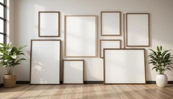 Arrangement of Blank Frames on a Wall With Indoor Plants in a Bright, Modern Room Setting photo