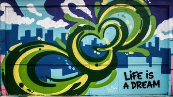 Vibrant Spray Paint Wall Texture Showcasing Colorful Abstract Art and Urban Scenery in Bright Daylight photo