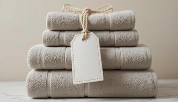 Stack of Soft Towels With a Blank Tag on a Marble Countertop in a Calming Indoor Space photo