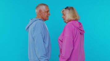 Senior granny with grandfather turning and smiling at camera waving hands gesturing hello or goodbye video