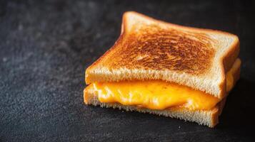 Perfectly grilled cheese sandwich with golden brown bread and melted cheese oozing out from between the slices photo