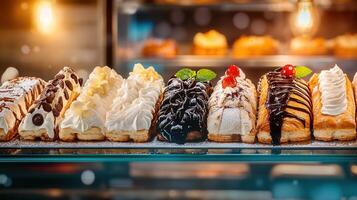 Eye-catching display of donuts showcasing a variety of colors and flavors for a sweet and tempting treat experience photo