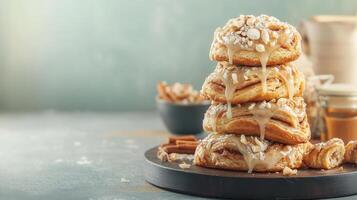 Freshly baked cinnamon rolls stacked high with glazing dripping down for a scrumptious breakfast or dessert treat photo