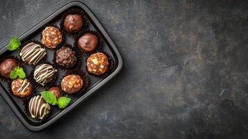 Assorted gourmet chocolates elegantly arranged on a decorative tray for a tempting sweet indulgence experience photo