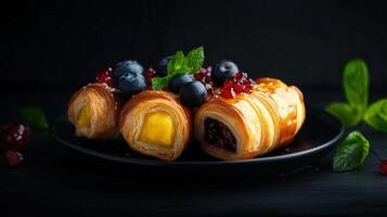 A beautifully arranged plate of croissants accompanied by fresh fruits creating a delightful breakfast experience photo