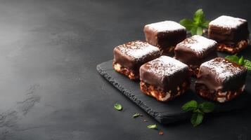 Elegant display of assorted chocolate covered desserts arranged on a slate serving platter for a sophisticated touch photo