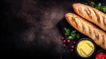 Freshly sliced bread accompanied by creamy butter on a stylish black plate ready to be enjoyed with breakfast or snack photo