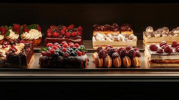 An exquisite display of assorted pastries in a charming bakery shop showcasing their sweet delights for customers photo