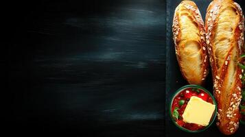 Freshly baked baguetons stuffed with creamy cheese and juicy tomatoes artfully placed on a light wooden serving board photo