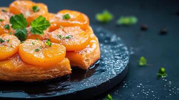 Beautifully arranged pastry displayed with a bountiful bunch of fresh oranges creating a vibrant and inviting scene photo