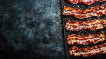 Savory crispy bacon strips displayed on a black surface highlighting texture and flavor for a mouthwatering experience photo