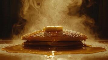 Delicious stack of fluffy pancakes generously drizzled with syrup and ready to be served for a hearty breakfast photo