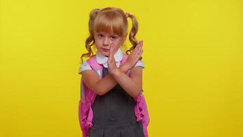 Kid school girl say no hold palm folded crossed hands in stop gesture, warning of finish, danger video