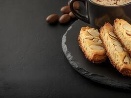 A cozy morning setup featuring a warm cup of coffee accompanied by crunchy almonds for a perfect start to your day photo