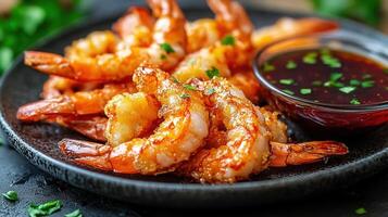 Delectable plate of fresh shrimp accompanied by zesty dipping sauce for a perfect seafood snack or meal photo