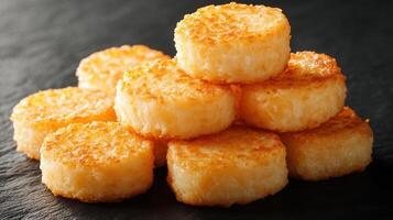 Pile of crispy fried food arranged on a platter displaying an array of appetizing treats ready for indulgence photo