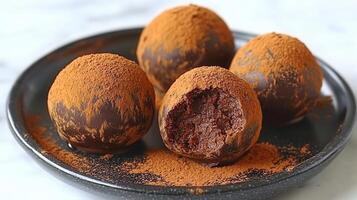 Elegant plate of rich chocolate truffles perfectly arranged for a luxurious treat experience and decadent indulgence photo