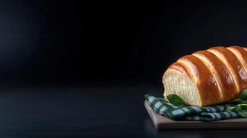 Artisan loaf of bread displayed on a charming wooden board surrounded by fresh ingredients and kitchen utensils photo