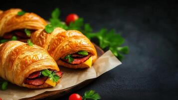 Deliciously plated croissant accompanied by fresh fruits and garnishes for a perfect breakfast experience photo