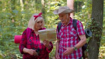 Senior married man woman lost in wood, searching way back, tourists looking at map while hiking video