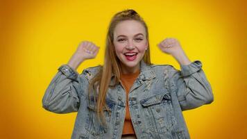 Girl wish for good luck and becoming surprised about sudden dream come true, waiting lottery winning video