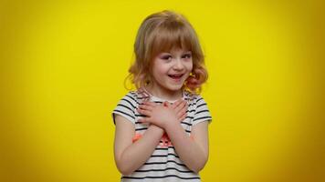 Portrait of blonde kid child pointing fingers himself ask say who me no thanks i do not need it video