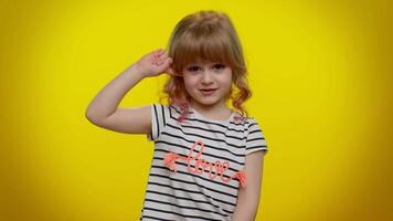 Child kid girl pointing at camera and showing stupid gesture, blaming some idiot for insane plan video